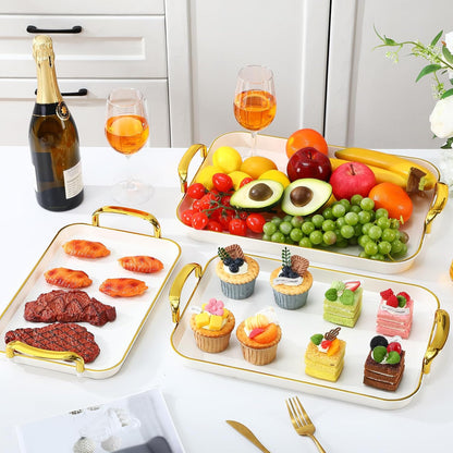 Rtteri Set of 6 Serving Platters with Handles 18.3/16.73/14.8 Inch Large Rectangular Trays, Reusable Pet Plastic for Entertaining, Dinner Parties, Weddings(Round Beads Handles,White)