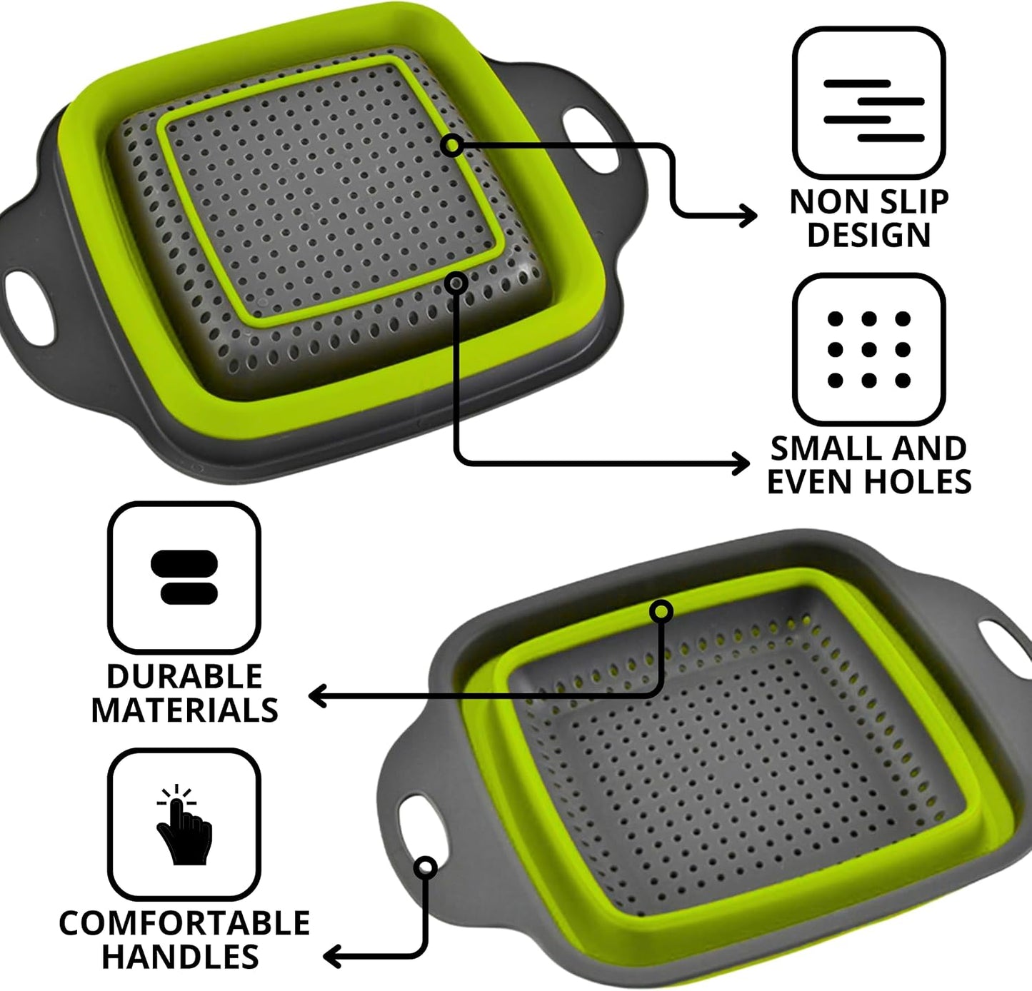 3PCS Green Foldable Kitchen Strainer Set – Silicone Colander Collapsible Strainers and Colanders Green Collander for Kitchen Collapsible Compact Drain Tools for Cooking Prep
