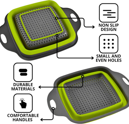 3PCS Green Foldable Kitchen Strainer Set – Silicone Colander Collapsible Strainers and Colanders Green Collander for Kitchen Collapsible Compact Drain Tools for Cooking Prep