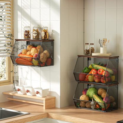 Stackable Fruit Basket for Kitchen Countertop Space Saving, Wall Mounted Mesh Metal Wire Baskets with Wood Lid Extra Storage, 2 Pack Kitchen Counter Organizer for Snack, Onion and Potato Storage