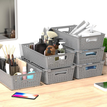 Simple Houseware Stackable Plastic Woven Basket Organizer, 6 Pack, White | 14.5" D x 8.5" W x 3.5" H