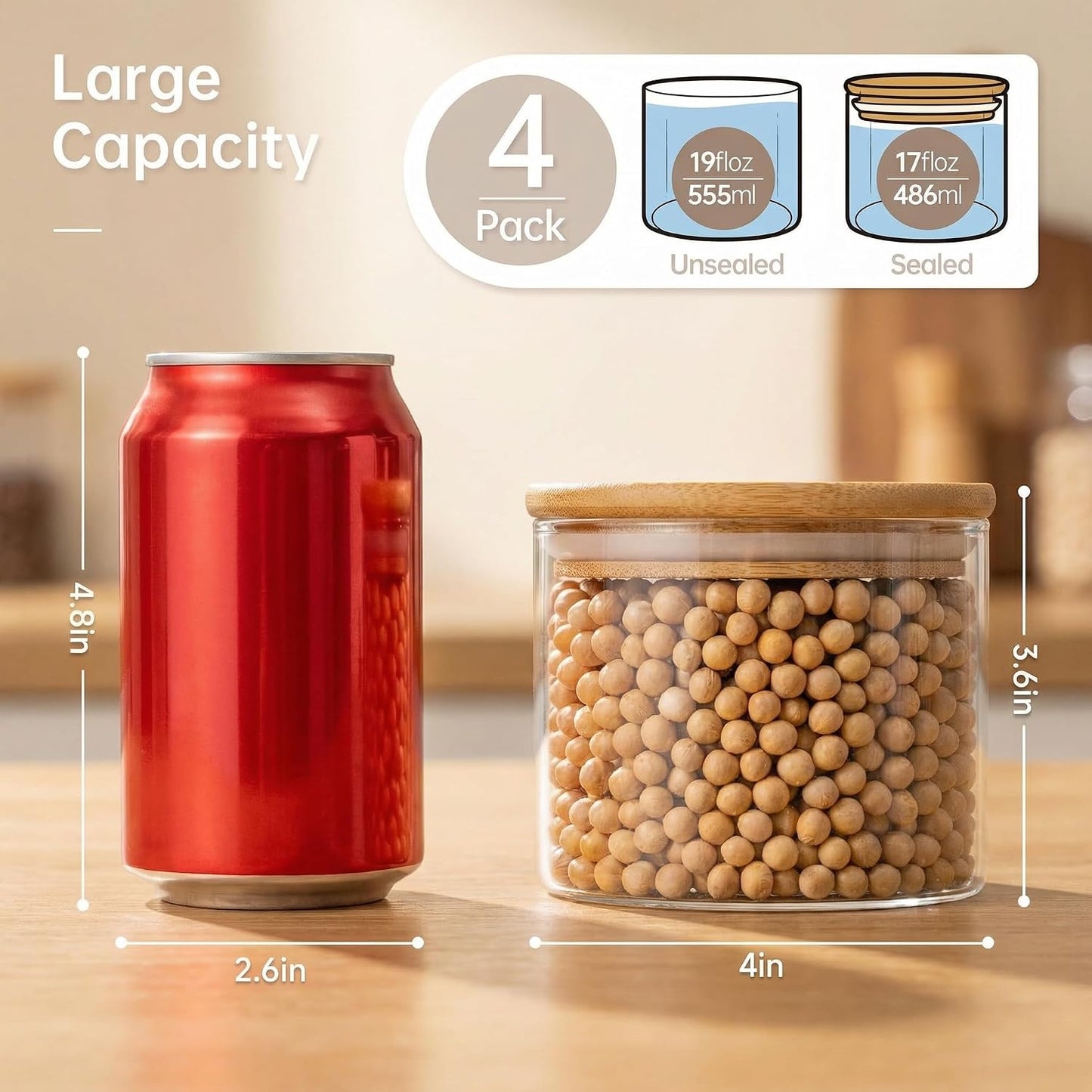 32oz - 4 Pack Glass Jars with Bamboo Lids, Glass Pantry Storage Containers with Airtight Lids, Round Air Tigh Food Storage Canisters for Cereal, Pasta, Flour, Sugar, Rice, Best for Kitchen Organizer