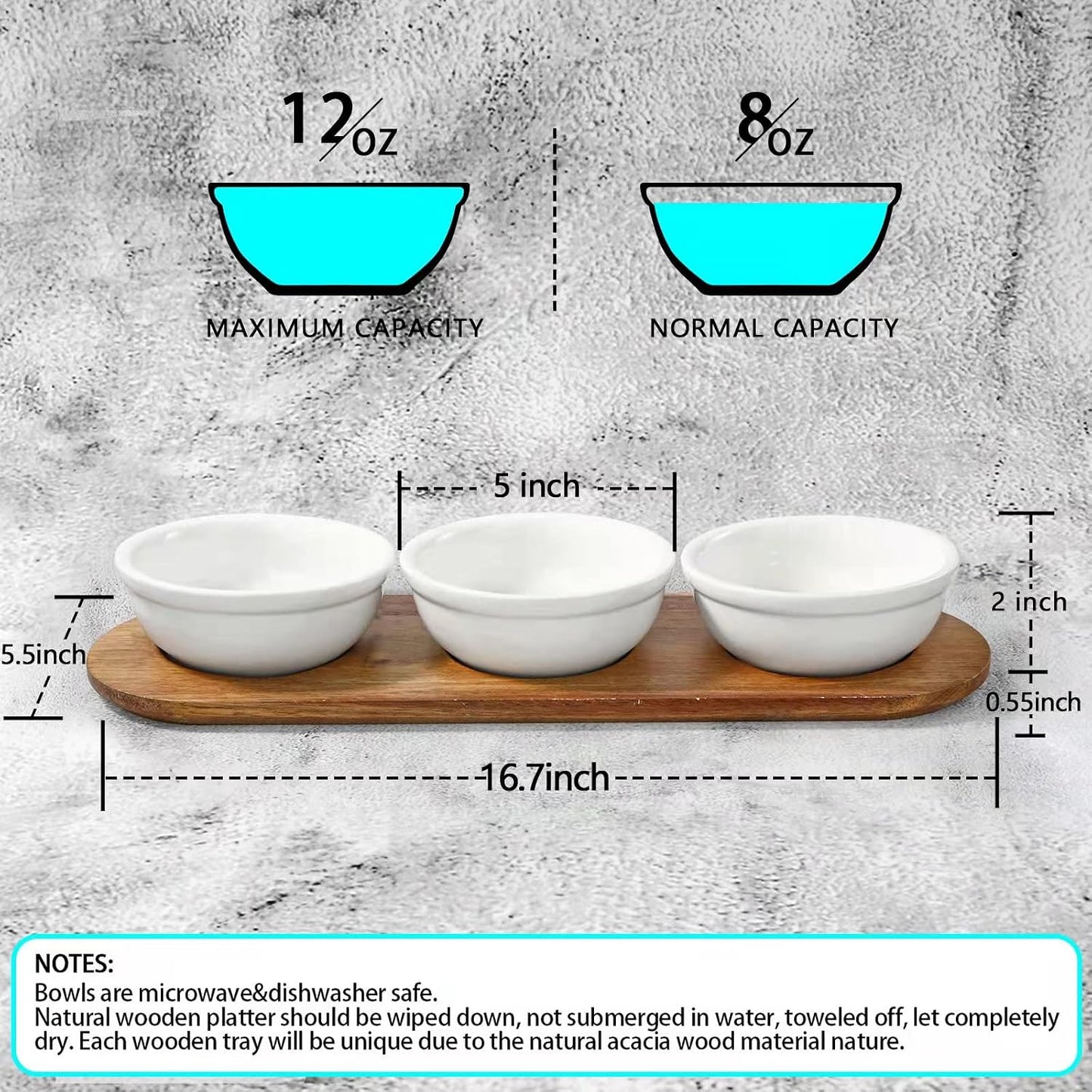 Artena 6oz Turquoise Solid Ceramic Chips and Dip Serving Platter with Acacia Wooden Tray, 4.5inch Glazing Small Serving Bowls/Dipping Dishes for Condiments,Side Dishes, Dipping, Pre, Dessert, Salsa