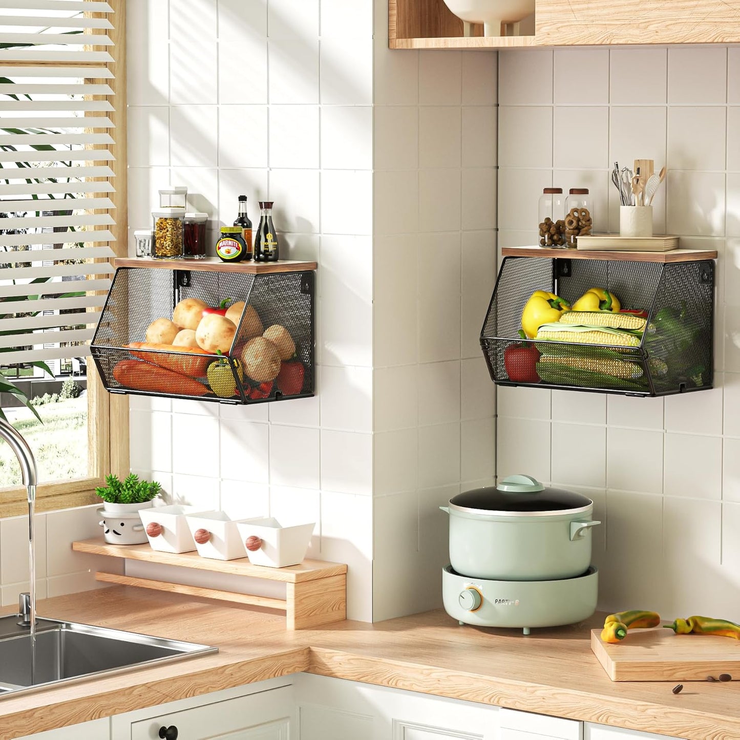 Stackable Fruit Basket for Kitchen Countertop Space Saving, Wall Mounted Mesh Metal Wire Baskets with Wood Lid Extra Storage, 2 Pack Kitchen Counter Organizer for Snack, Onion and Potato Storage