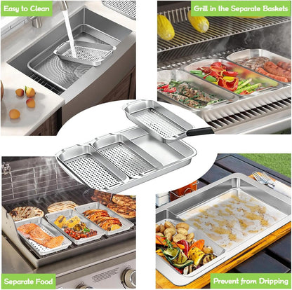 Grill Pans for Outdoor Grill-3 Grilling Baskets|Serving Tray| Clip-on Handle.BBQ Serving Platters with Holes for Grill Fish,Vegetable,Meat and Prep Food Veggie