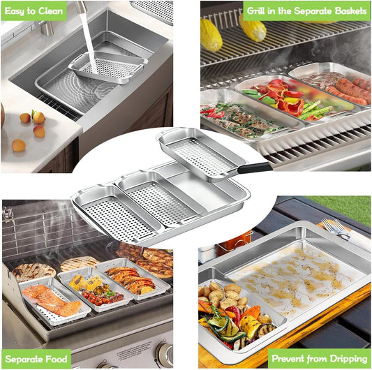 Grill Pans for Outdoor Grill-3 Grilling Baskets|Serving Tray| Clip-on Handle.BBQ Serving Platters with Holes for Grill Fish,Vegetable,Meat and Prep Food Veggie