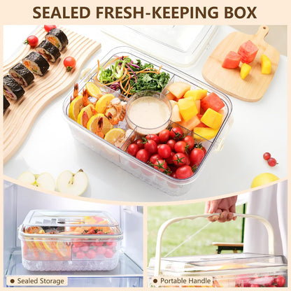 Fruit Ice Divided Serving Tray with Lid, Ice Underneath and Handle, Chilled Serving Platter for Parties, Shrimp Cocktail Serving Dish, Chilled Veggie Tray for Keep Food Cold Outside Party