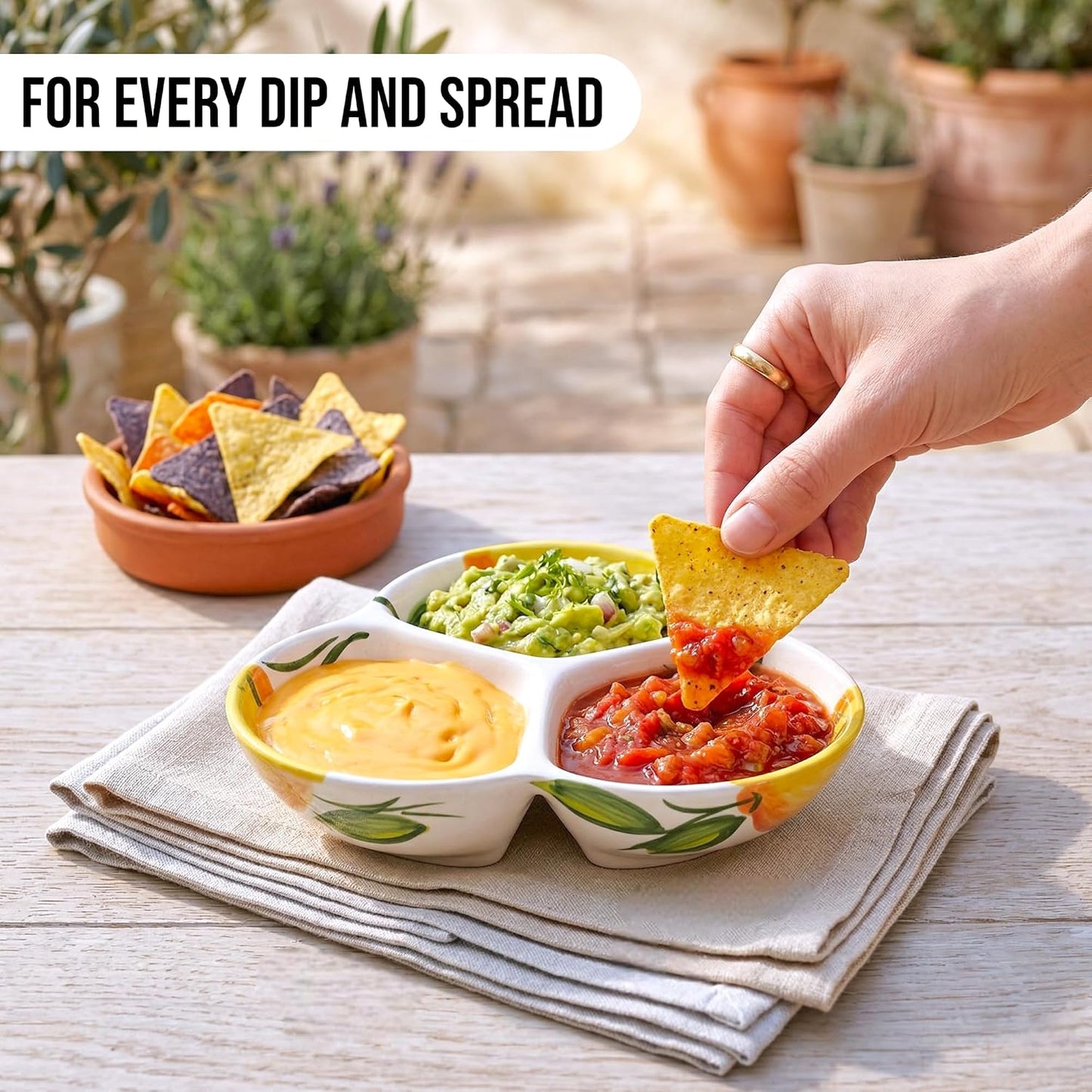 Ceramic Chip & Dip Bowl 7.5”, 3-Compartment Divided Serving Dish & Condiment Tray for Appetizers – Handmade in Spain, Lead-Free Glaze, Microwave, Oven & Dishwasher Safe