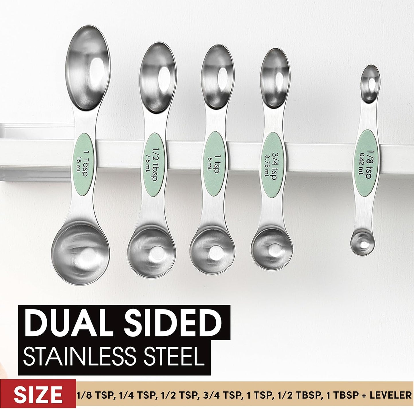 Spring Chef Stainless Steel Magnetic Measuring Spoons Set with Strong N45 Magnets, Heavy Duty Metal Kitchen Gadgets for Baking & Cooking, Fits in Most Kitchen Spice Jars, Set of 8 with Leveler, Black