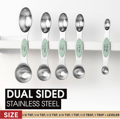 Spring Chef Stainless Steel Magnetic Measuring Spoons Set with Strong N45 Magnets, Heavy Duty Metal Kitchen Gadgets for Baking & Cooking, Fits in Most Kitchen Spice Jars, Set of 8 with Leveler, Black