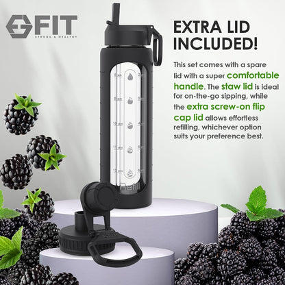 FIT Strong & Healthy 1, 2 & 3 Compartment Glass Meal Prep Containers with BLACK Lids (3 Pack, 35 oz) and 32 oz Glass Water Bottle with Straw Lid, Time Marker, Sleeve & Extra Lid Bundle