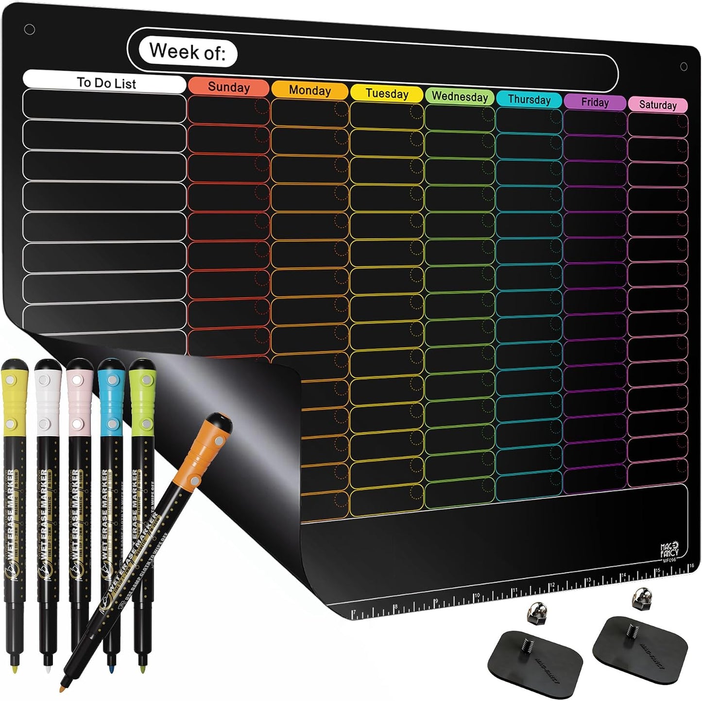 MAG-FANCY Magnetic Dry Erase Calendar for Refrigerator Weekly Chore Chart Schedule Planning Board 6 Fine Tip Wet EraseMarkers & Mounts for Wall Hanging Black