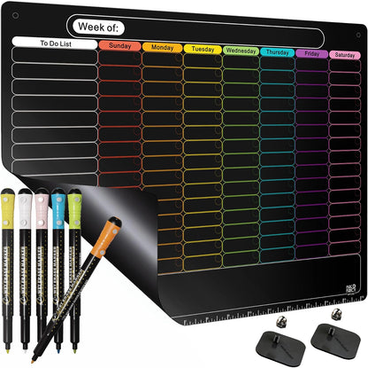 MAG-FANCY Magnetic Dry Erase Calendar for Refrigerator Weekly Chore Chart Schedule Planning Board 6 Fine Tip Wet EraseMarkers & Mounts for Wall Hanging Black