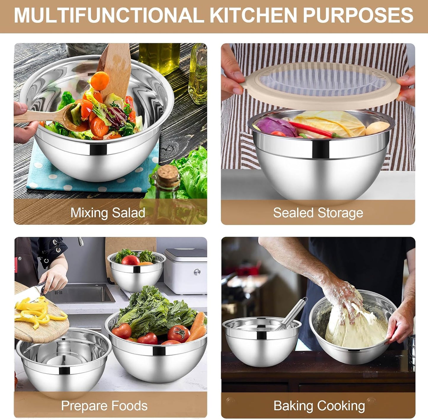 LIANYU Stainless Steel Mixing Bowls Sets of 6, Large 7, 3.5, 2.5, 2, 1.5, 1QT Size with Transparent Airtight Lids, Metal Nesting Serving Bowl Sets for Home Kitchen, Dishwasher & Freezer Safe, Black