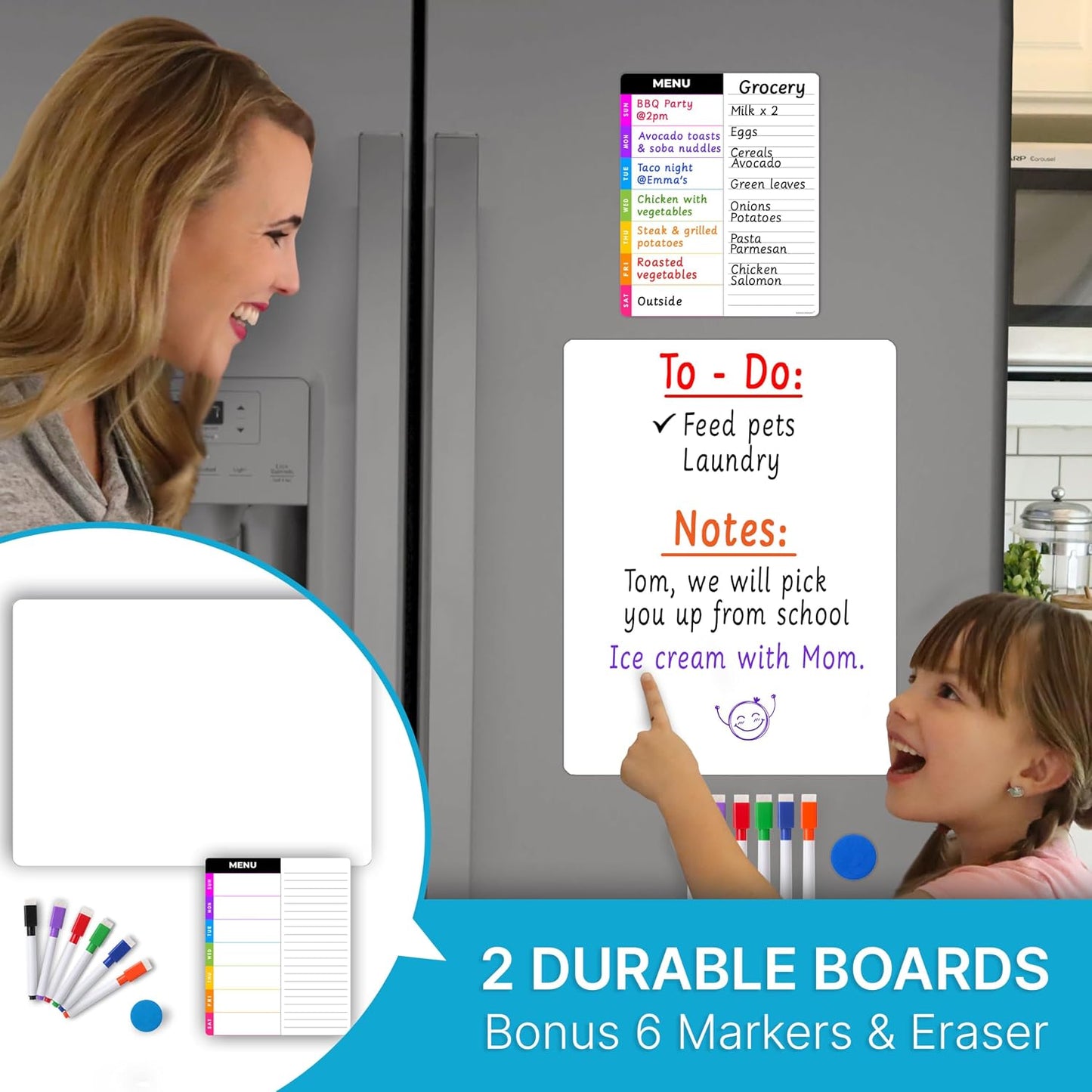 Magnetic Blackboard for Fridge - Dry Erase Black Board for Home, Office & Classroom (11.5" x15”), Menu Board for Kitchen Fridge - Family Meal Planner (7" x9”) - 6 Fine Tip Magnetic Markers & Eraser