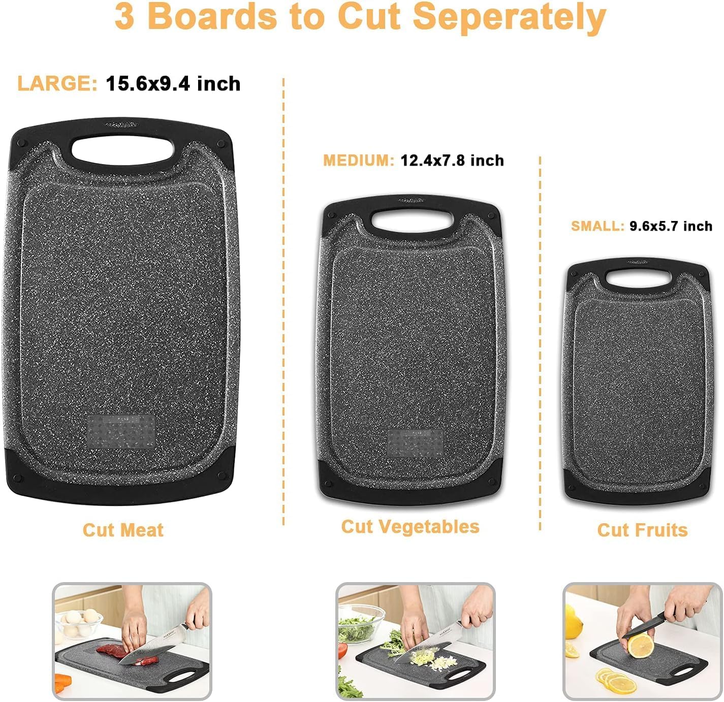 Cutting Boards for Kitchen, Plastic Chopping Board Set of 3 with Non-Slip Feet, Juice Grooves, Easy Grip Handle, BPA Free, Non-Porous, Dishwasher Safe, Multiple Sizes (Black，Grind Function)