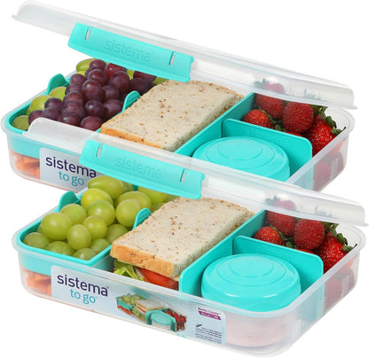 Sistema Bento Box Adult Lunch Box with 3 Compartments, 2 Removable Trays, and Salad Dressing Container, Dishwasher Safe, Color May Vary, 42 oz./1.25L Size (Pack of 4)