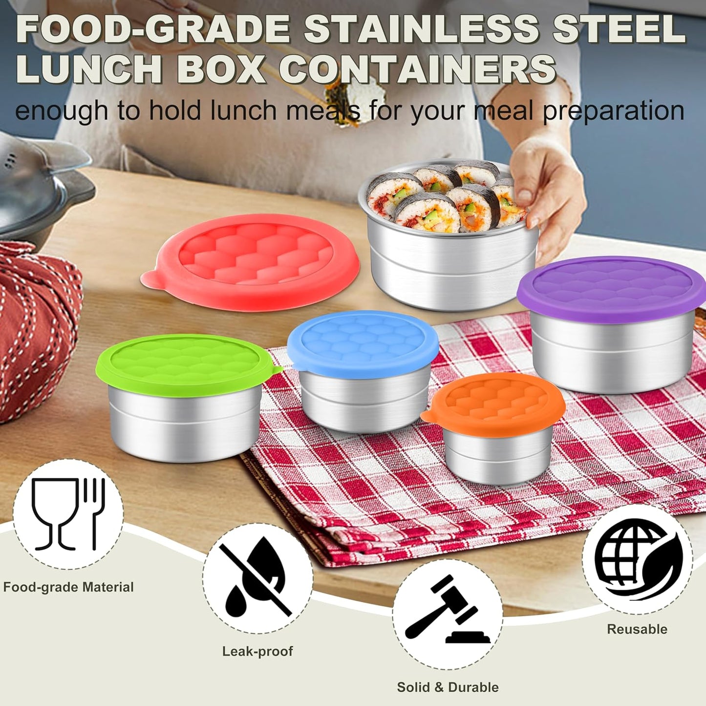 HaWare Stainless Steel Food Storage Containers with Silicone Lids, Leak-Proof Metal Snack Container, Round Lunch Box for Kids Adults, Stackable & Reusable Meal Prep Containers, Set of 3, Multicolor