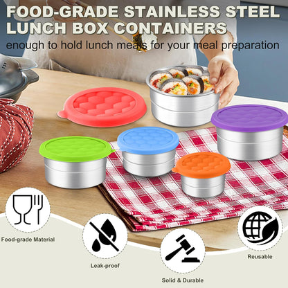 HaWare Stainless Steel Food Storage Containers with Silicone Lids, Leak-Proof Metal Snack Container, Round Lunch Box for Kids Adults, Stackable & Reusable Meal Prep Containers, Set of 3, Multicolor