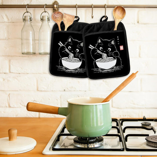 Japanese Black Cat Eating Ramen Pot Holders Heat Resistant, Cat Lover Mom Lady Gifts, Cute Black Kitty Kitten Oven Potholder Hot Pads for Kitchen Countertops Baking Cooking