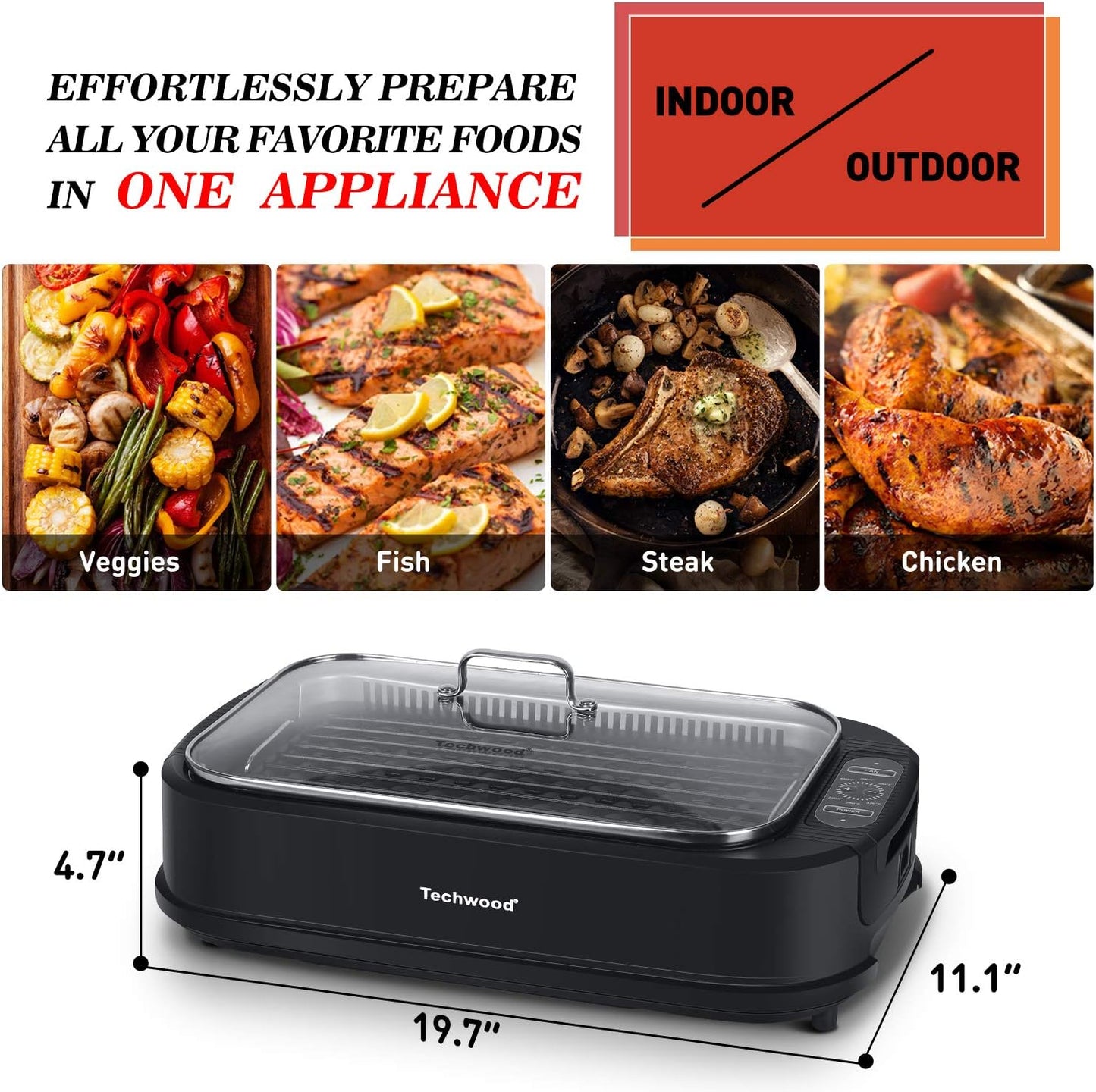 Techwood Indoor Grill Smokeless Grill, Electric Korean BBQ Grill with Glass Lid, Turbo Smoke Extractor Technology, Dishwasher-Safe Drip Tray & Nonstick Grilling Removable Plate, Black, 1500W