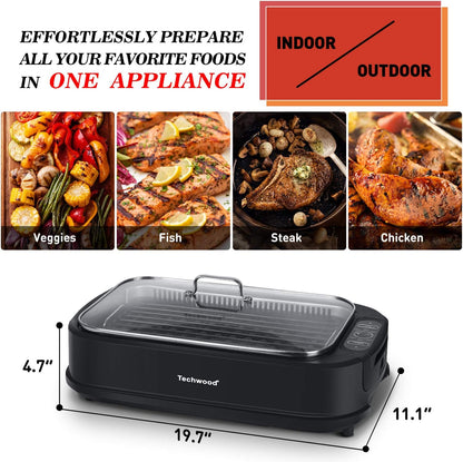 Techwood Indoor Grill Smokeless Grill, Electric Korean BBQ Grill with Glass Lid, Turbo Smoke Extractor Technology, Dishwasher-Safe Drip Tray & Nonstick Grilling Removable Plate, Black, 1500W