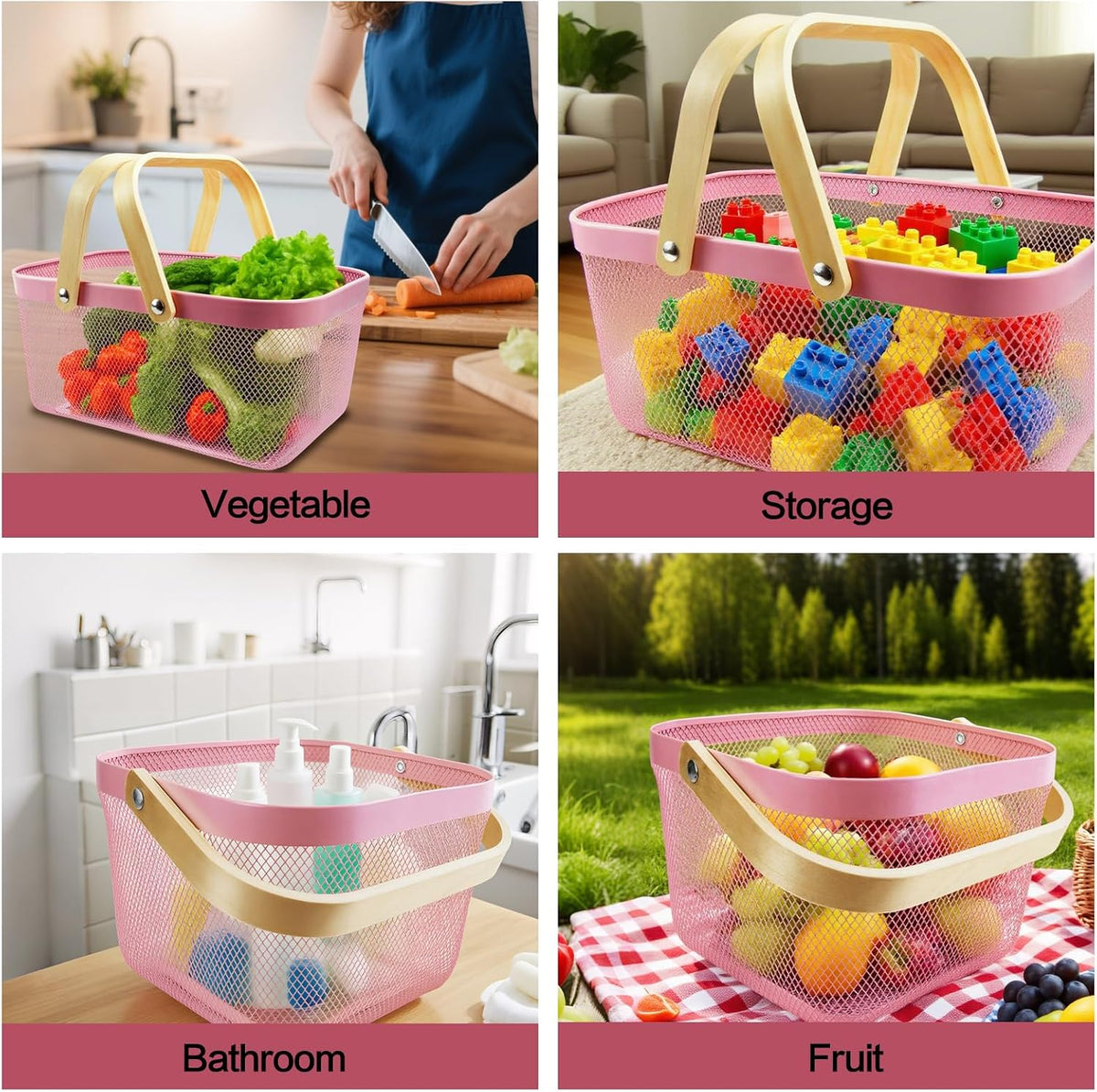 Cheardia 2 Pack Picnic Baskets, Metal Mesh Harvest Basket with Foldable Wooden Handle, Rectangle Garden Storage Basket Bin for Vegetable Fruit Garden Kitchen Cabinet Picking Gathering