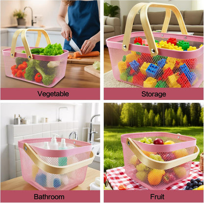 Cheardia 2 Pack Picnic Baskets, Metal Mesh Harvest Basket with Foldable Wooden Handle, Rectangle Garden Storage Basket Bin for Vegetable Fruit Garden Kitchen Cabinet Picking Gathering