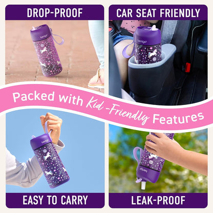 Bentgo Kids Water Bottle - Leak-Proof, Durable Tritan PFAS- & BPA-Free 15 fl oz, Kids/Toddlers Ages 3+ for School & Sports; Bite & Sip Spout, Carrying Handle, Dishwasher Safe (Unicorn)