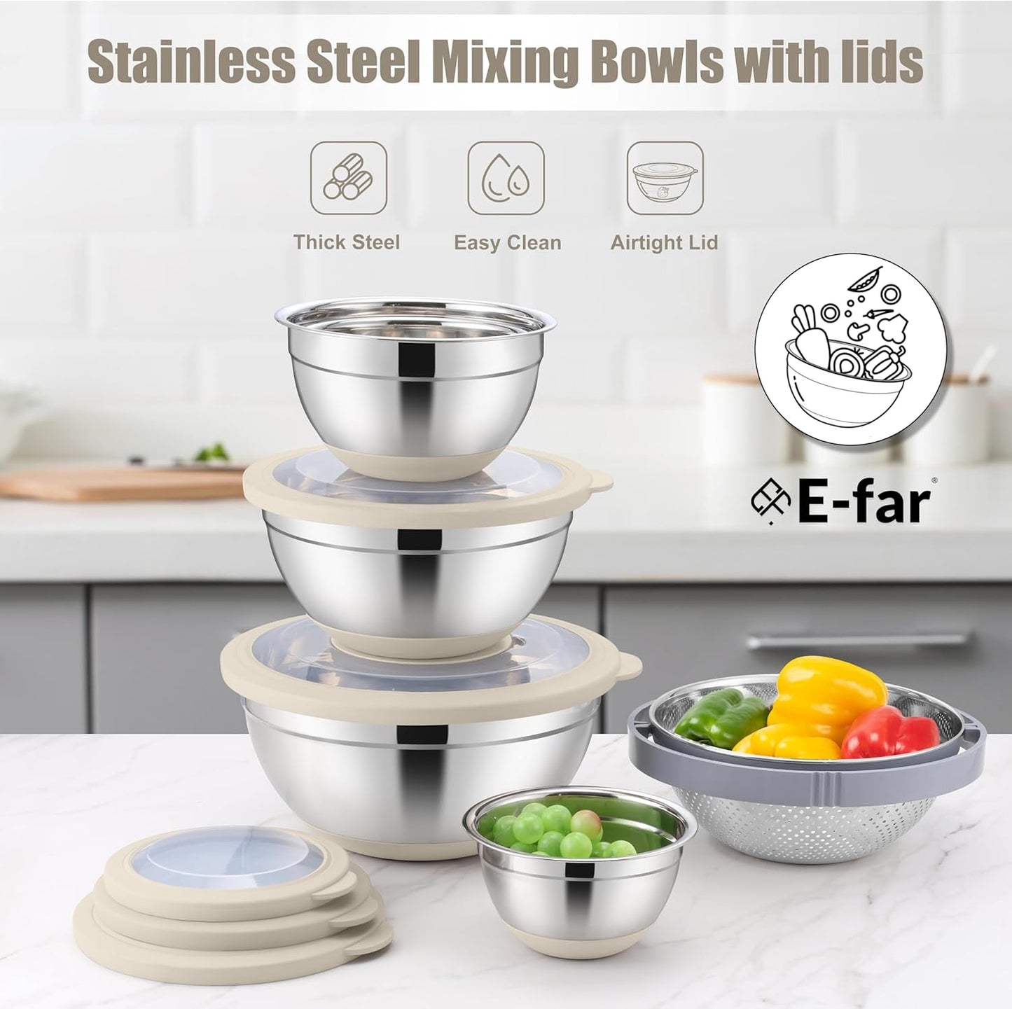 E-far Mixing Bowls with Lids Set, 15PCS Stainless Steel Mixing Nesting Bowl with Colander & 3 Metal Grater for Kitchen Prep/Baking/Storage, Non-Slip Bottom & Airtight Lid, 4.6, 3, 1.5, 1, 0.7QT, Black