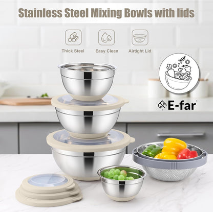 E-far Mixing Bowls with Lids Set, 15PCS Stainless Steel Mixing Nesting Bowl with Colander & 3 Metal Grater for Kitchen Prep/Baking/Storage, Non-Slip Bottom & Airtight Lid, 4.6, 3, 1.5, 1, 0.7QT, Black