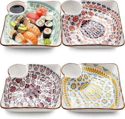 Pumtus 4 Pack Ceramic Dumpling Plates with Dipping Saucer, 7.3'' Individual Chip and Dip Serving Platter, Square Japanese Sushi Dish Tray, Colorful Serving Bowl for Appetizer Snack Fries Gyoza Taco