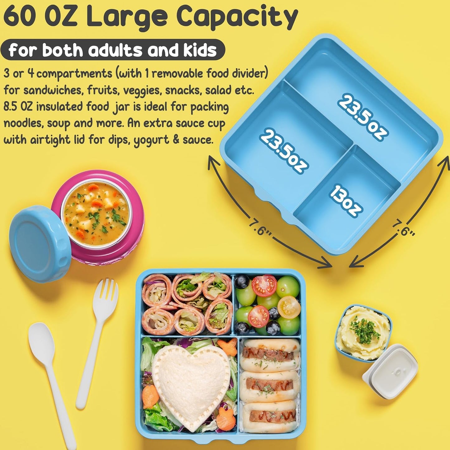 Fimibuke Bento Box for Kids Adult, BPA Free & Leakproof Toddler Lunch Box with 8.5oz Insulated Thermo Food Jar, Utensils & Sauce Jar, Dishwasher Safe 3 or 4 Compartment Container for School Girls Boys