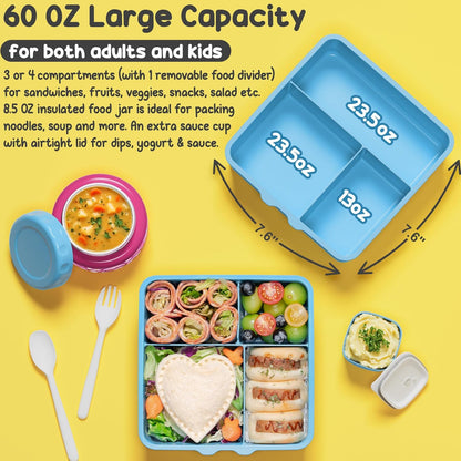 Fimibuke Bento Box for Kids Adult, BPA Free & Leakproof Toddler Lunch Box with 8.5oz Insulated Thermo Food Jar, Utensils & Sauce Jar, Dishwasher Safe 3 or 4 Compartment Container for School Girls Boys