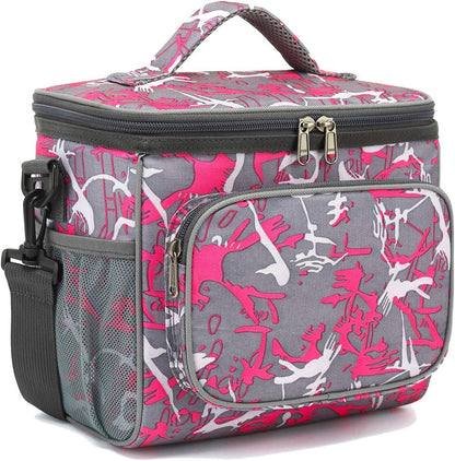 FlowFly Insulated Reusable Lunch Bag Adult Large Lunch Box for Women and Men with Adjustable Shoulder Strap,Front Zipper Pocket and Dual Large Mesh Side Pockets,Cherry - Colors B