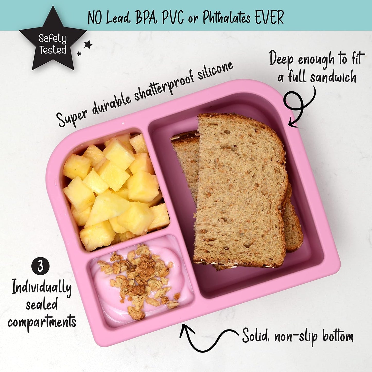 PrimaStella Unbreakable Silicone Lunch Box for Kids and Adults - Divided Leak Proof Bento Box (Slate Blue)