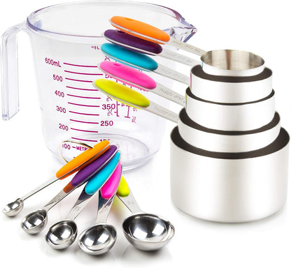 Measuring Cups and Spoons Set. Includes 10 Stainless Steel Measuring Spoons and Cups Set and 1 Plastic Measuring Cup. Liquid Measuring Cups Set and Dry Metal Measuring Cup Set