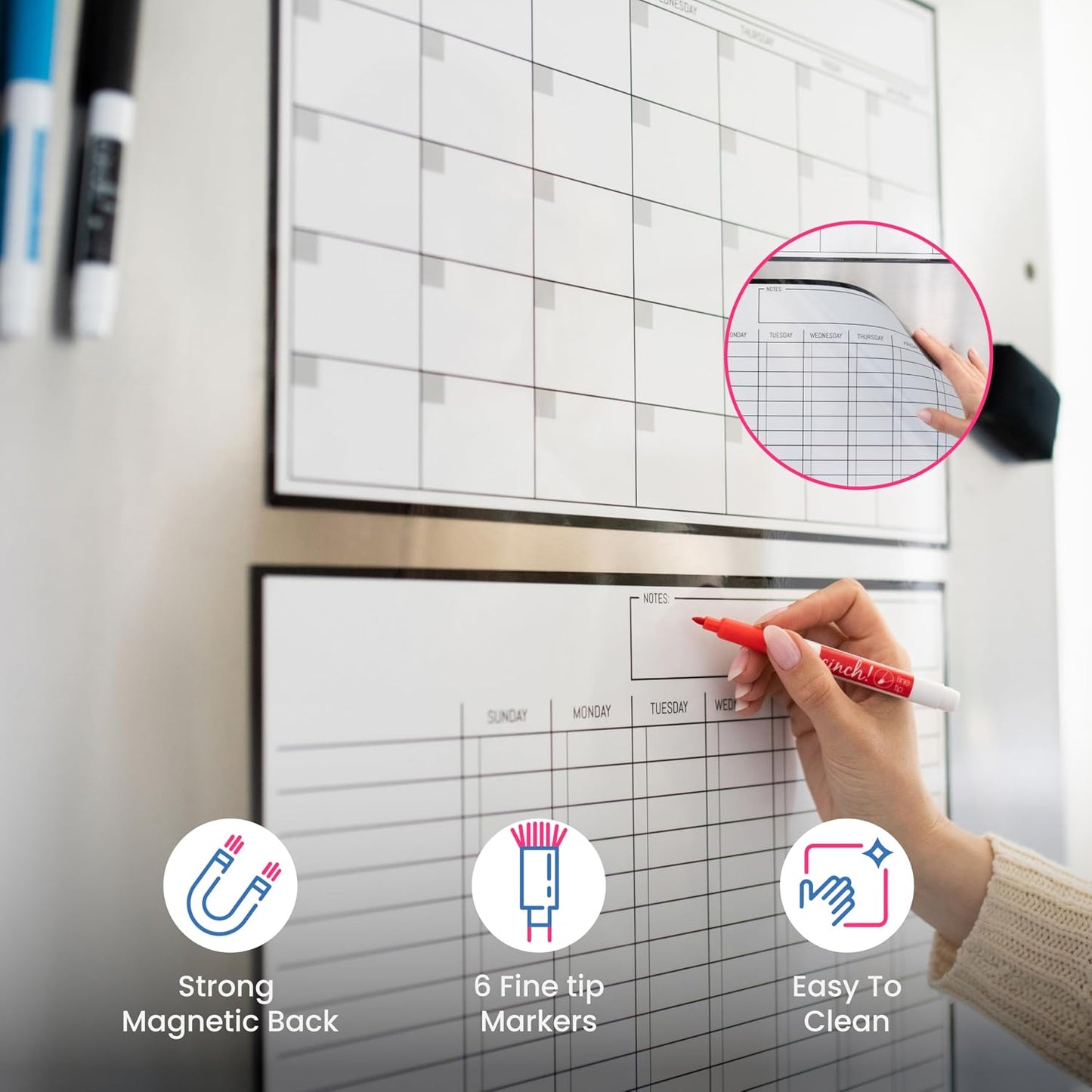 Cinch! Magnetic Calendar Bundle of 3 - Monthly, Weekly, Daily Planning Dry Erase Boards for Fridge - Magnetic Fridge Calendar Whiteboard Set with 6 Fine Tip Markers, Large Eraser, and Magnets