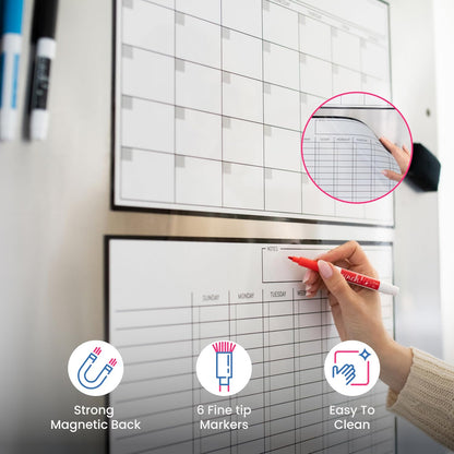 Cinch! Magnetic Calendar Bundle of 3 - Monthly, Weekly, Daily Planning Dry Erase Boards for Fridge - Magnetic Fridge Calendar Whiteboard Set with 6 Fine Tip Markers, Large Eraser, and Magnets