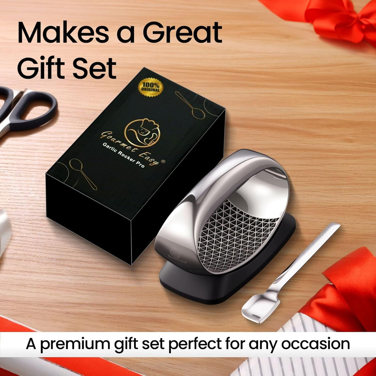 Gourmet Easy Stainless Steel Garlic Press Rocker with Eject Base & Scraper