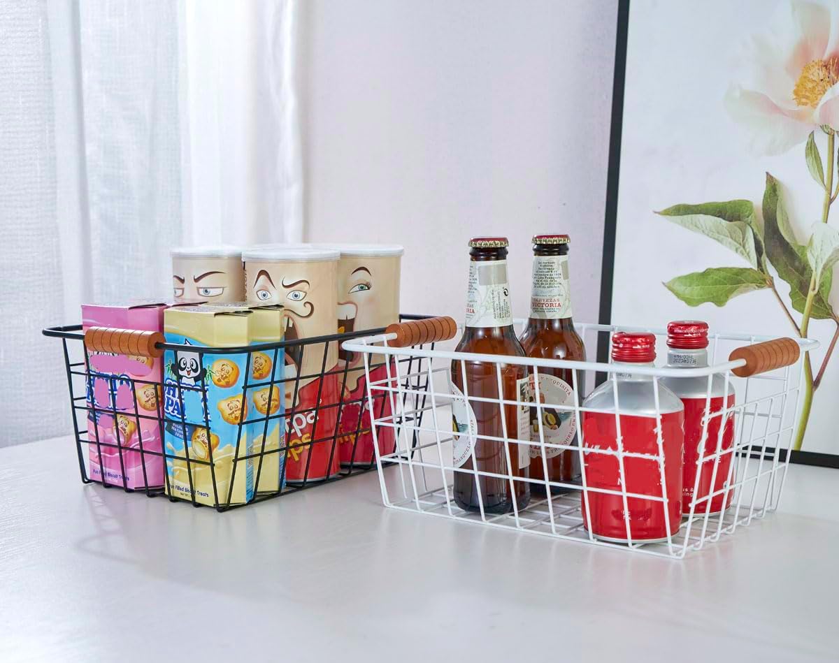 JUNCHU CHERRY Wire Kitchen Storage Basket 4 Packs,Perfect Pantry Organization Accessories Baskets,Laundry Basket,With a Wooden handle,Suitable for Kitchen,Bathroom,Bedroom,Tabletop,Stackable,Black