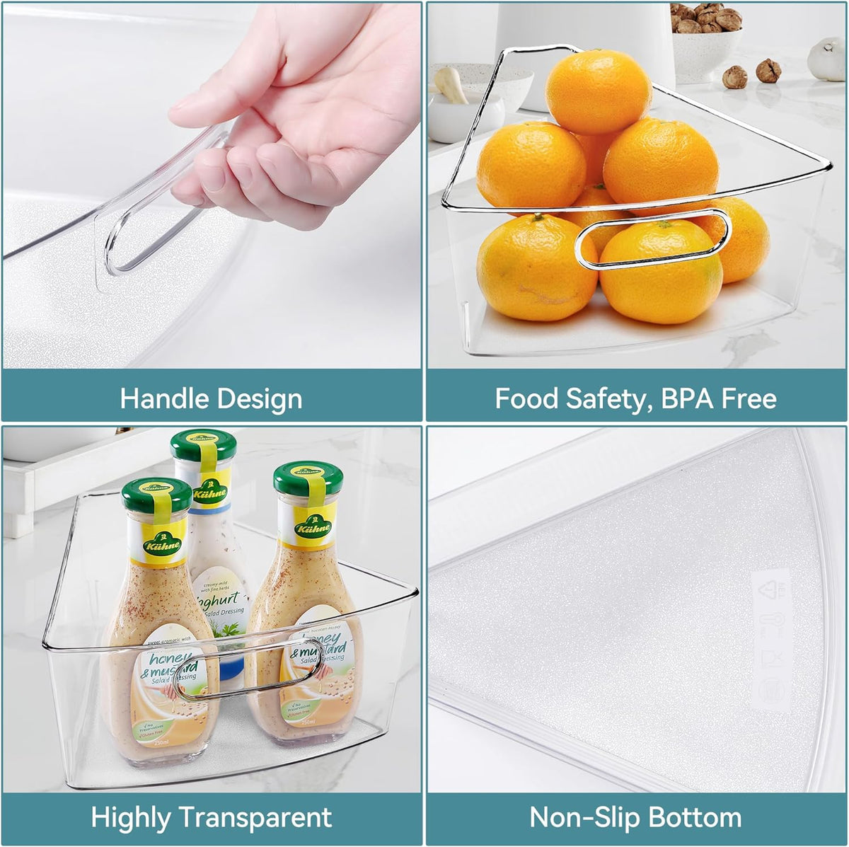 Oubonun Lazy Susan Organizers Set of 6, 11.6’’ x 10.2’’ x 4.1’' Plastic Transparent Kitchen Cabinet Storage Bins with Handle, 4.1" Deep Container, 1/8 Wedge - Food Safe, without BPA