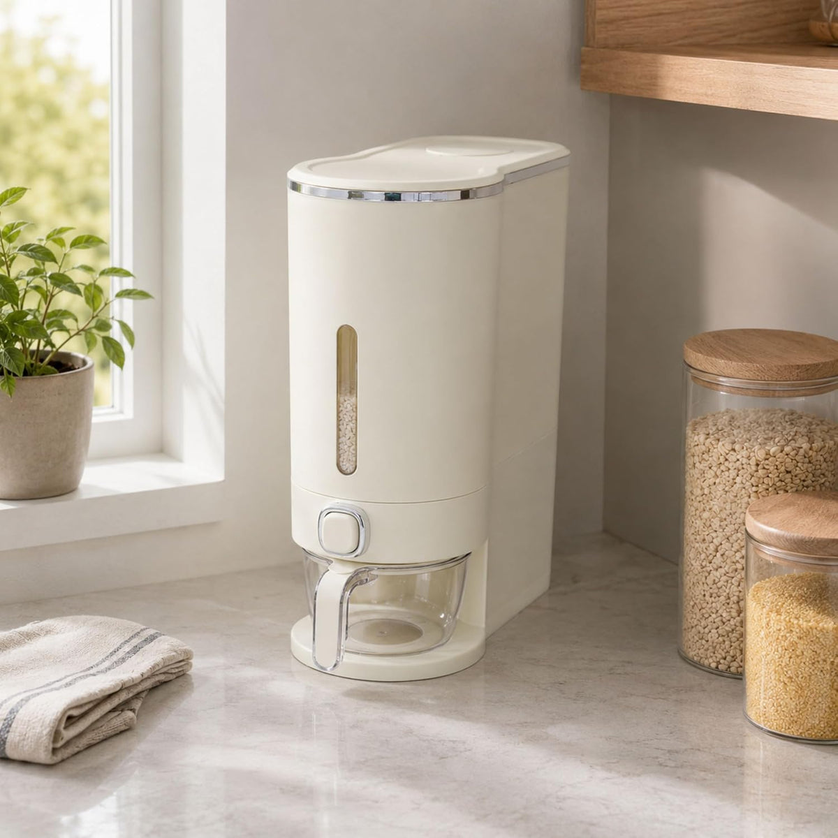 ROOM127 Slim Rice Dispenser 11 Lbs, Airtight Rice Storage Container with Measuring Cup, One-Touch Dry Food & Cereal Dispenser with Clear Window for Kitchen Countertop, Milk Tea Brown