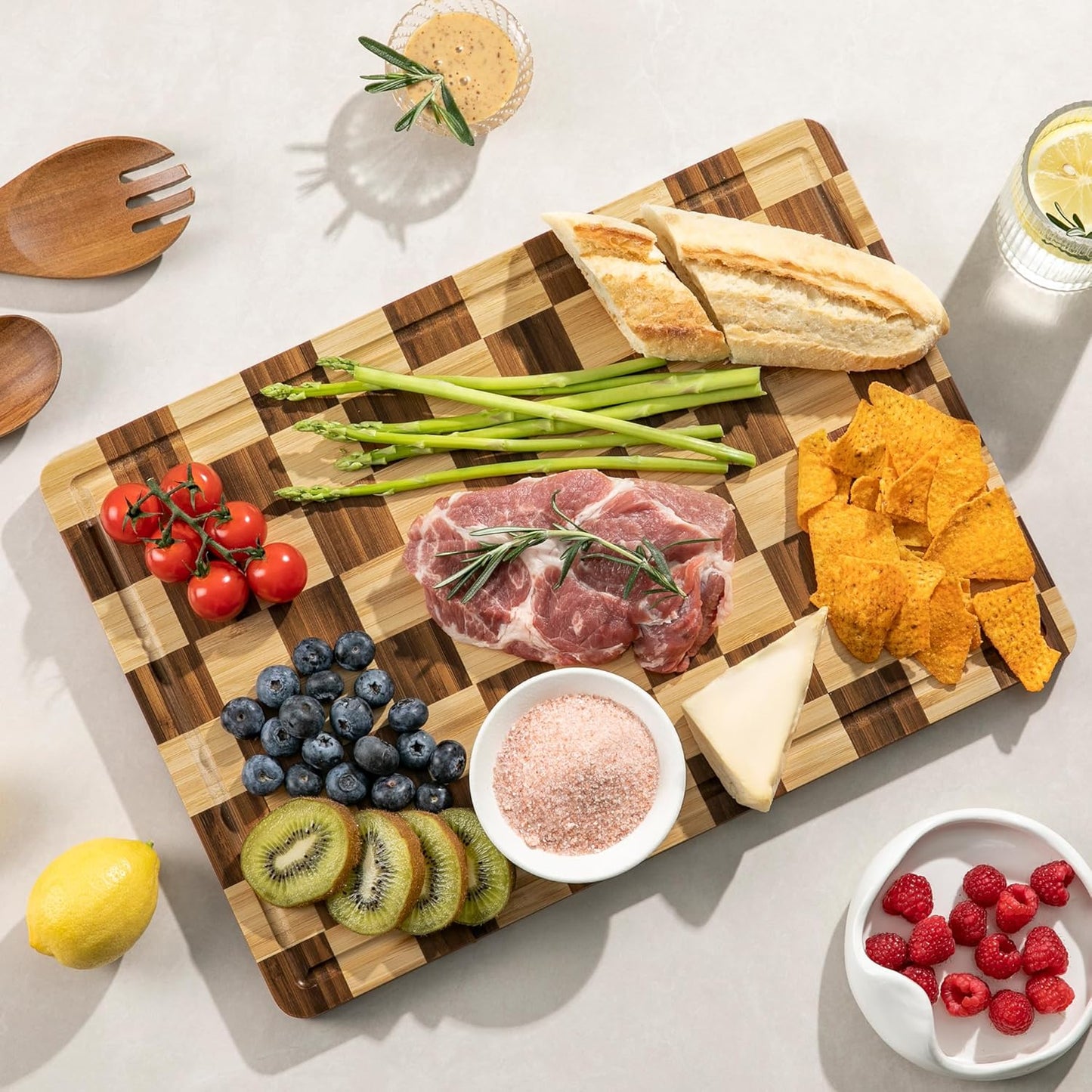 THETCHRY Bamboo Cutting Board Set, Checkered Wood Cutting Boards for Kitchen with Juice Groove, Non Toxic Wooden Charcuterie Boards, Non Slip Chopping Board for Meat Fruit Cheese, Housewarming Gift
