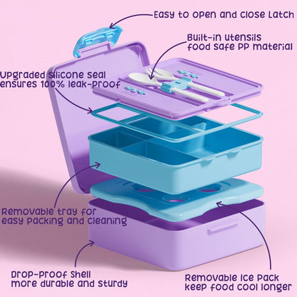 Fimibuke Chill Bento Box for Kids Adult, Leak Proof Toddler Lunch Box with Ice Pack Keep Food Cold, BPA Free 4 Compartment Lunch Container with Utensils for Girl Boy School, Microwave Dishwasher Safe