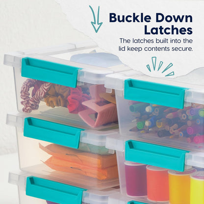 IRIS USA 12 Qt. Craft Storage Bins with Lids, 4-Pack, |Made in USA|, Clip Box, Medium Plastic Sensory Bin Tote Organizer Containers for Art Supplies, Paper, & Office, Stackable - Clear/Seafoam Blue