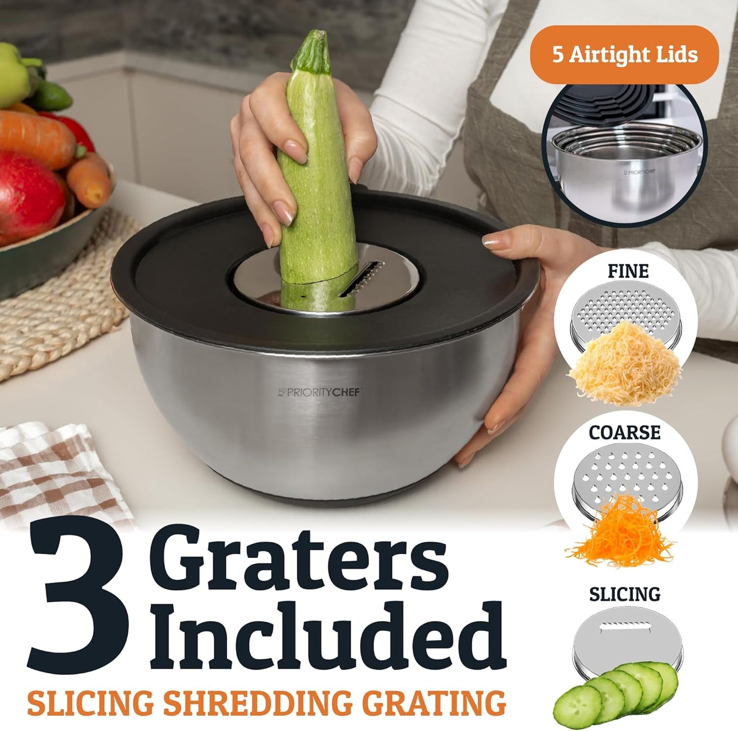 Priority Chef Stainless Steel Mixing Bowls with Lids Set, 3 Grater Attachments, Airtight Lids, Non-Slip Silicone Base Mixing Bowl Set, Large Prep Metal Mixing Bowls for Kitchen, Black
