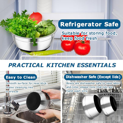 TeamFar Mixing Bowls, 5PCS Stainless Steel Nesting Salad Bowl with Lid & 3 Grater Attachments, for Prepping/Serving/Storing Food, Nontoxic, Airtight Lid & Non-slip Bottom - 4.6/3.5/2.5/1.5/1 QT