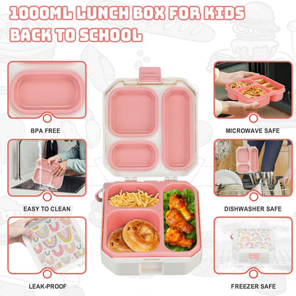 Itslife Bento Lunch Box Set for Kids with 12oz Soup Thermo&Lunch Bag, Leak-Proof Lunch Food Containers for Kids School, 5 Compartment, Sauce Cup, 10 Notes (Dinosaurs Black)