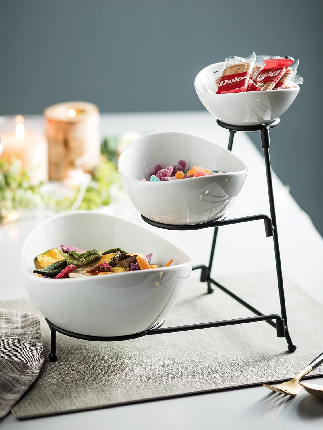 Miamolo Porcelain Serving Bowl Set for Appetizer Serving Dishes Set with 2 Compartment, Chip and Dip Taco Rack Display Salad Bar Serving Set, Gold Stand